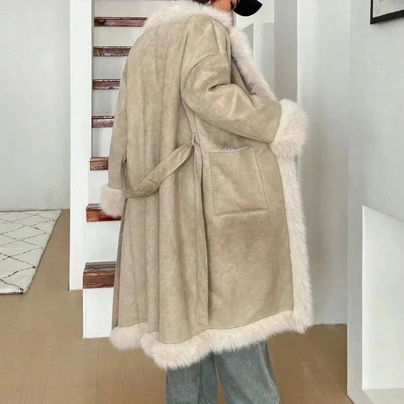 Beige Casual Women's Fuzzy Patchwork Long Sleeve Front Tie Pocket Jacket - Picture 3 of 7